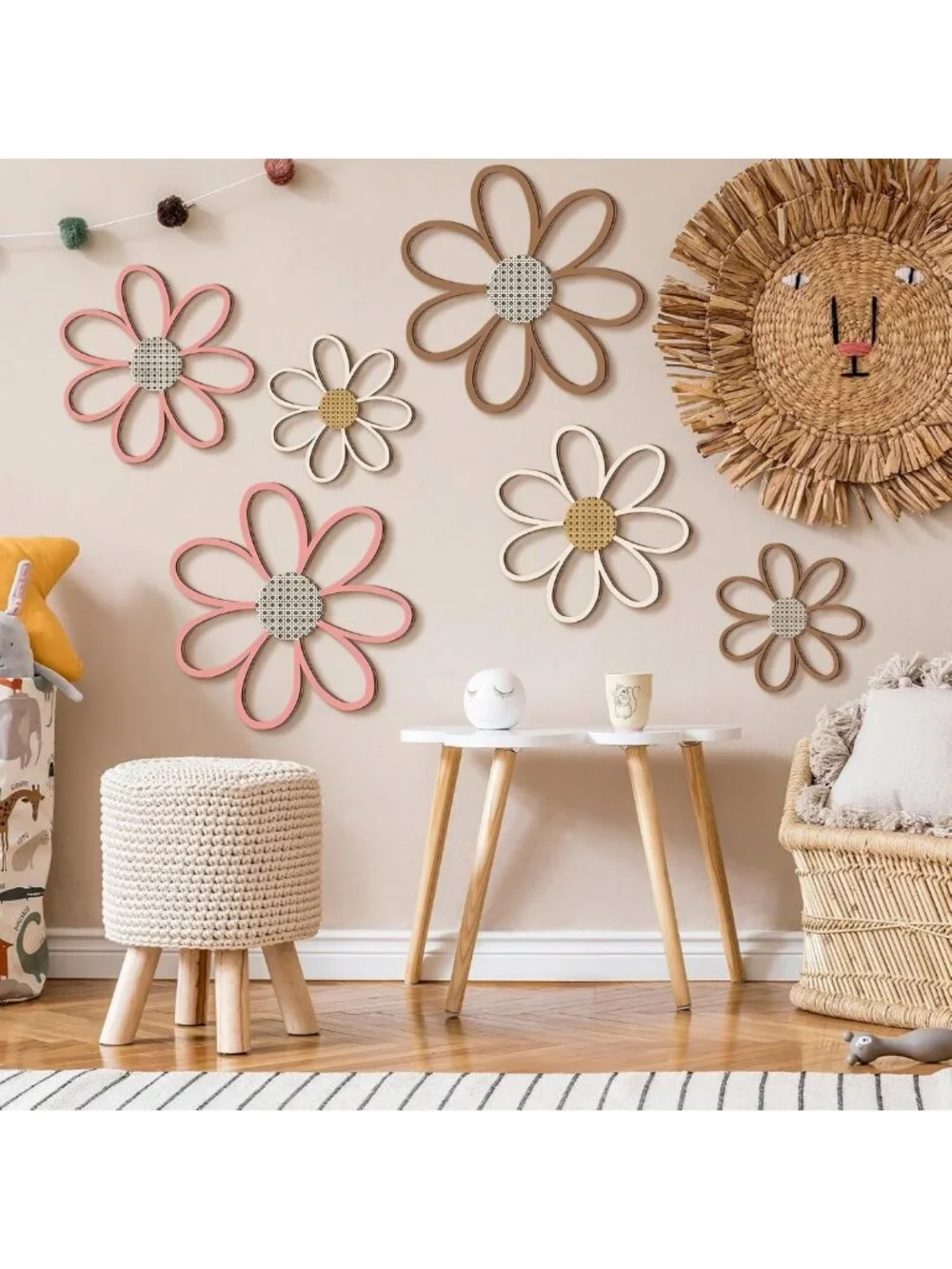 6 Pcs Wooden Daisy Wall Decor for Nursery - Warm Color Floral Art Decor